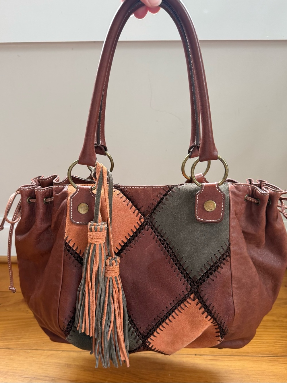 Hype Patchwork Leather Shoulder Bag W/ Fringe Tassels Boho Slouchy Purse